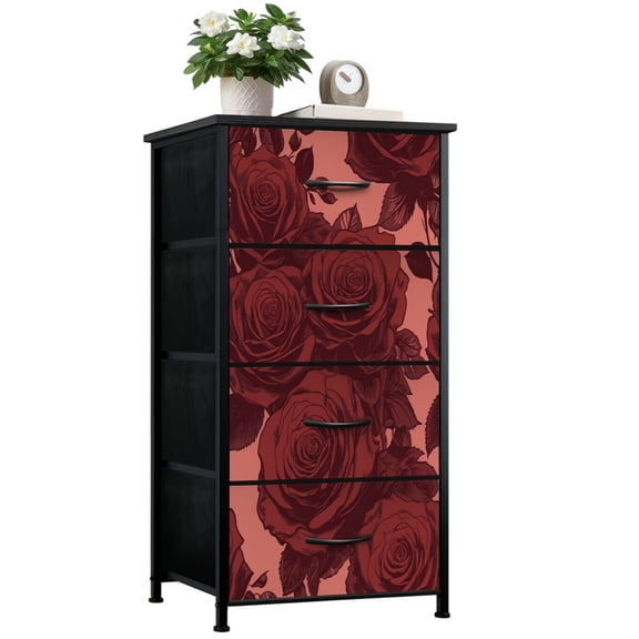 Dresser for Bedroom with 4 Storage Drawers Red Rose flower seamless Allover print floral Dressers Chest of Drawers Steel Framed Fabric Closet Organizers for Entryway