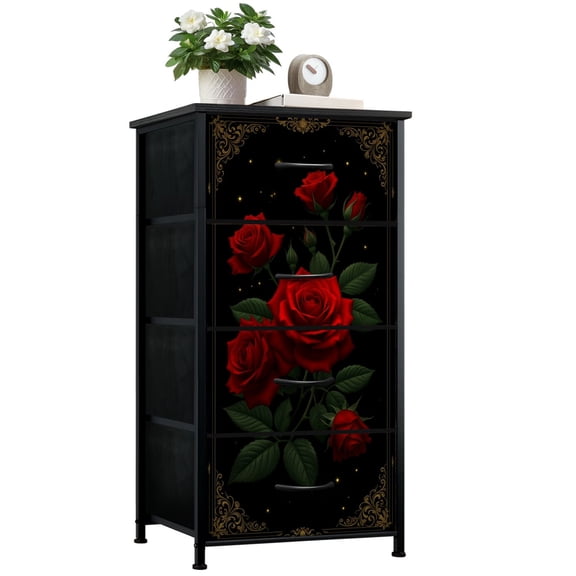 Dresser for Bedroom with 4 Storage Drawers Red Roses Greenery Sparkling Stars Black Dressers Chest of Drawers Steel Framed Fabric Closet Organizers for Dorm Entryway