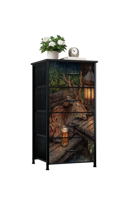Dresser for Bedroom with 4 Storage Drawers Relaxing Animal Beer Sleeping Deer Aesthetic Animal Beer Lovers Dressers Chest of Drawers Steel Framed Fabric Closet Organizers for Entryway Bar Man Cave