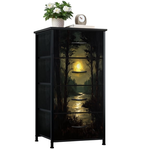 Dresser for Bedroom with 4 Storage Drawers Retro Gold Framed Gothic Lake Vintage Goth Dark Academia Misty Dressers Chest of Drawers Steel Framed Fabric Closet Organizers for Entryway