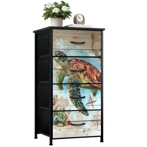 Dresser for Bedroom with 4 Storage Drawers Retro Turtle Ocean Aquatic Animals Undersea Coral Kids Room Sea Turtle Dressers Chest of Drawers Steel Framed Fabric Closet Organizers for Entryway