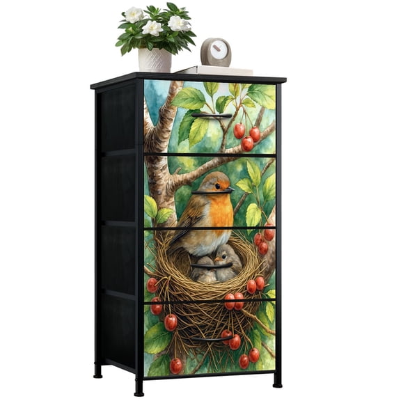 Dresser for Bedroom with 4 Storage Drawers Robin Bird Nesting Two Chicks Cherry Branches Garden Dressers Chest of Drawers Steel Framed Fabric Closet Organizers for Entryway