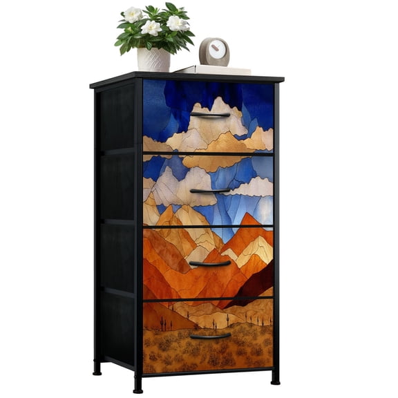 Dresser for Bedroom with 4 Storage Drawers Rustic Canyon Stained Glass Scene Sagebrush Dressers Chest of Drawers Steel Framed Fabric Closet Organizers for Entryway Western Decor