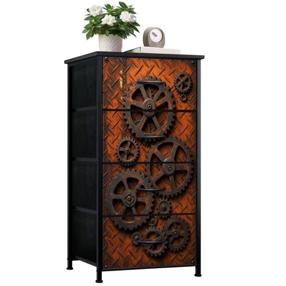 Dresser for Bedroom with 4 Storage Drawers Rusty Industrial Metal Gears Orange Diamond Plate Steel Dressers Chest of Drawers Steel Framed Fabric Closet Organizers for Dorm Entryway End Table