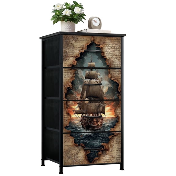 Dresser for Bedroom with 4 Storage Drawers Sailing Ship Emerging Torn Parchment Stormy Sky Ocean Sunset Dressers Chest of Drawers Steel Framed Fabric Closet Organizers for Dorm Entryway