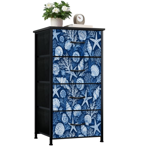 Dresser for Bedroom with 4 Storage Drawers Seashell Starfish Blue White Nautical Marine Life Dressers Chest of Drawers Steel Framed Fabric Closet Organizers for Dorm Entryway