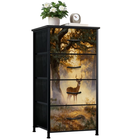 Dresser for Bedroom with 4 Storage Drawers Serene Forest Landscape Majestic Deer Sunlit Trees Dressers Chest of Drawers Steel Framed Fabric Closet Organizers for Dorm Entryway