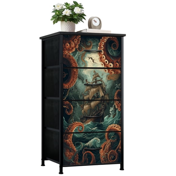 Dresser for Bedroom with 4 Storage Drawers Ship Battling Giant Tentacles Stormy Seas Dressers Chest of Drawers Steel Framed Fabric Closet Organizers for Dorm Entryway