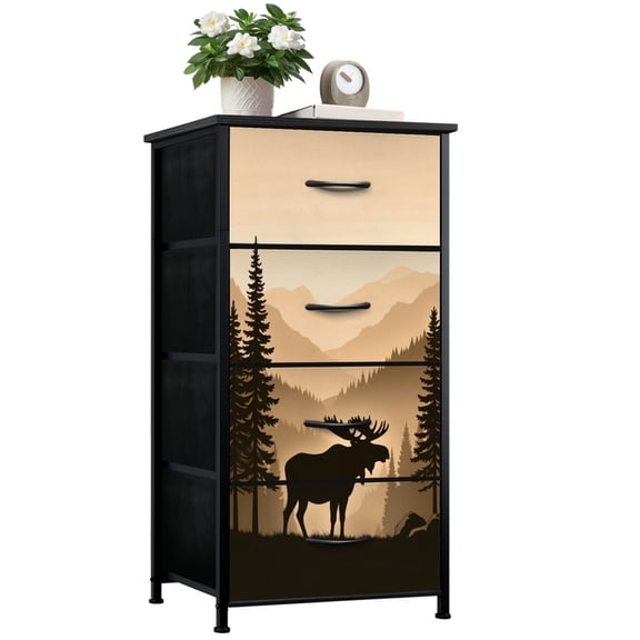 Dresser for Bedroom with 4 Storage Drawers Silhouette Moose Pine Forest Mountain Sunset Dressers Chest of Drawers Steel Framed Fabric Closet Organizers for Dorm Entryway