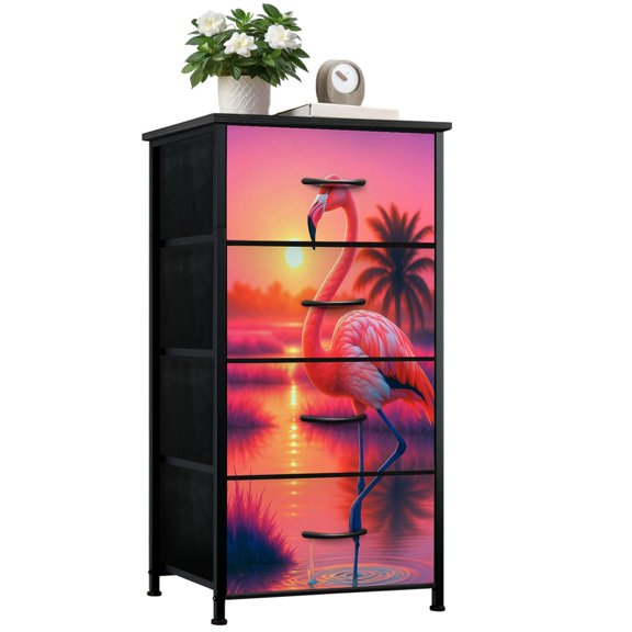 Dresser for Bedroom with 4 Storage Drawers Silhouette Sunset Tropical Palm Trees Vibrant Sky Dressers Chest of Drawers Steel Framed Fabric Closet Organizers for Entryway