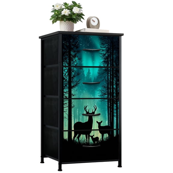 Dresser for Bedroom with 4 Storage Drawers Silhouetted Deer Family Mystical Forest Under Northern Lights Dressers Chest of Drawers Steel Framed Fabric Closet Organizers for Dorm Entryway