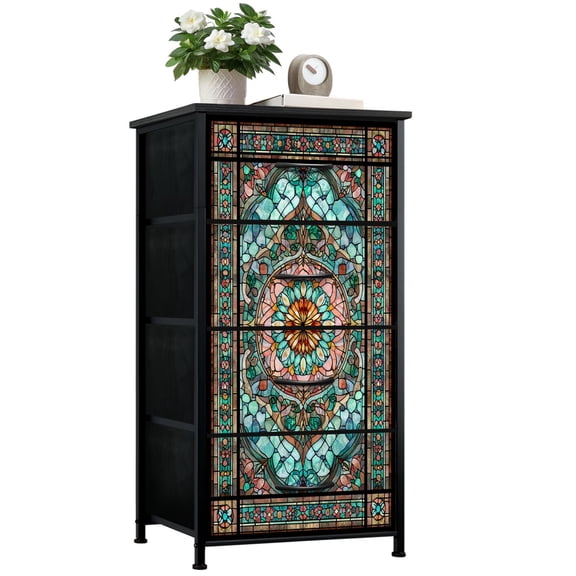 Dresser for Bedroom with 4 Storage Drawers Stained Glass Style Sunflower Soft Spring Hues Intricate Border Dressers Chest of Drawers Steel Framed Fabric Closet Organizers for Dorm Entryway