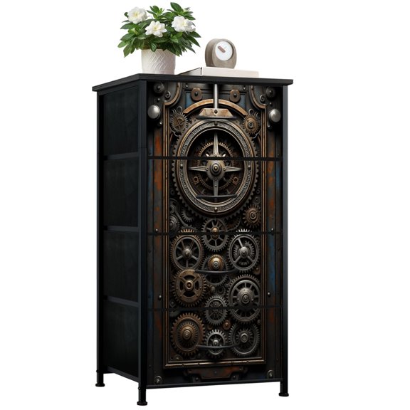 Dresser for Bedroom with 4 Storage Drawers Steampunk Gear Mechanism Doors Intricate Brass Cogs Dressers Chest of Drawers Steel Framed Fabric Closet Organizers for Dorm Entryway