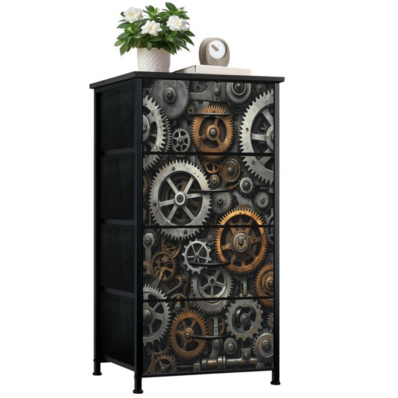 Dresser for Bedroom with 4 Storage Drawers Steampunk Gear Mechanism Interwoven Brass Steel Cogs Dressers Chest of Drawers Steel Framed Fabric Closet Organizers for Dorm Entryway