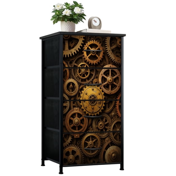 Dresser for Bedroom with 4 Storage Drawers Steampunk Gear Mechanism Intricate Brass Copper Dressers Chest of Drawers Steel Framed Fabric Closet Organizers for Dorm Entryway End Table