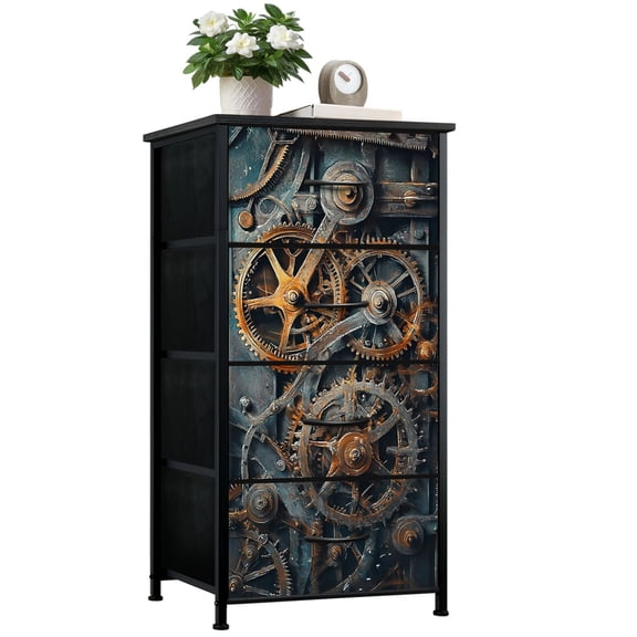 Dresser for Bedroom with 4 Storage Drawers Steampunk Gears Cogs Industrial Machinery Brass Steel Dressers Chest of Drawers Steel Framed Fabric Closet Organizers for Dorm Entryway