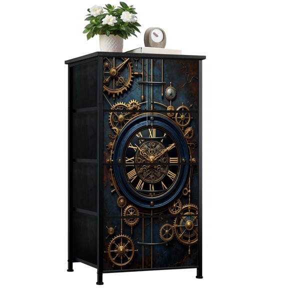 Dresser for Bedroom with 4 Storage Drawers Steampunk Mechanical Clock Roman Numerals Golden Gears Deep Blue Dressers Chest of Drawers Steel Framed Fabric Closet Organizers for Dorm Entryway