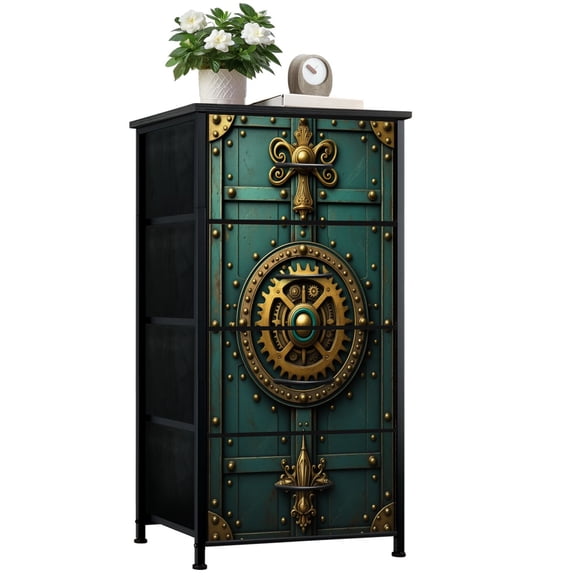 Dresser for Bedroom with 4 Storage Drawers Steampunk Mechanical Lock Door Brass Gears Teal Metal Dressers Chest of Drawers Steel Framed Fabric Closet Organizers for Dorm Entryway