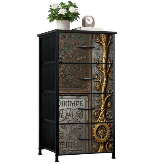 Dresser for Bedroom with 4 Storage Drawers Steampunk Mechanical Tree Gears Abstract Engraved Panels Bronze Dressers Chest of Drawers Steel Framed Fabric Closet Organizers for Dorm Entryway End Table