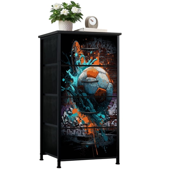 Dresser for Bedroom with 4 Storage Drawers Stylized Soccer Ball Bursting Paint Turquoise Red Dressers Chest of Drawers Steel Framed Fabric Closet Organizers for Dorm Entryway Boys Room