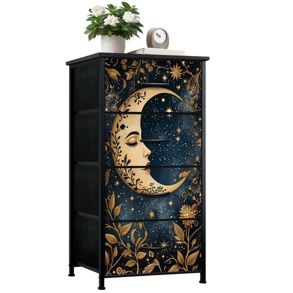 Dresser for Bedroom with 4 Storage Drawers Sun Moon Celestial Gothic Wildflowers Aesthetic Dark Academia Vibe Dressers Chest of Drawers Steel Framed Fabric Closet Organizers for Entryway