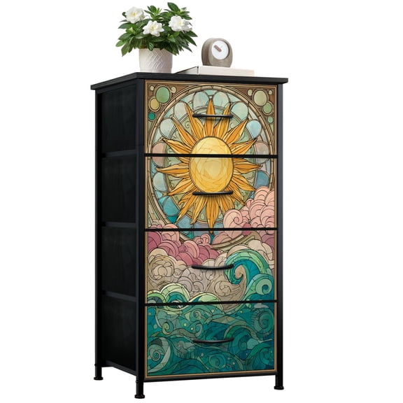 Dresser for Bedroom with 4 Storage Drawers Sun Ocean Waves Art Nouveau Stained Glass Style Clouds Swirling Sea Dressers Chest of Drawers Steel Framed Fabric Closet Organizers for Dorm Entryway