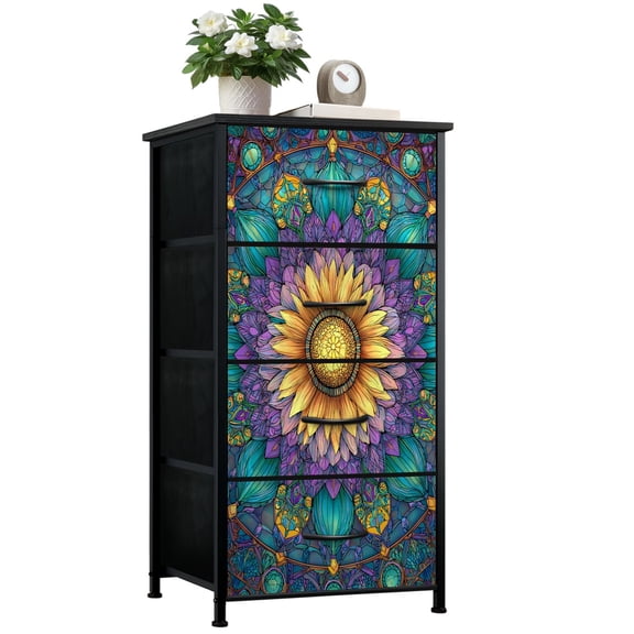 Dresser for Bedroom with 4 Storage Drawers Sunflower Stained Glass Style Spring Color Mosaic Design Dressers Chest of Drawers Steel Framed Fabric Closet Organizers for Dorm Entryway