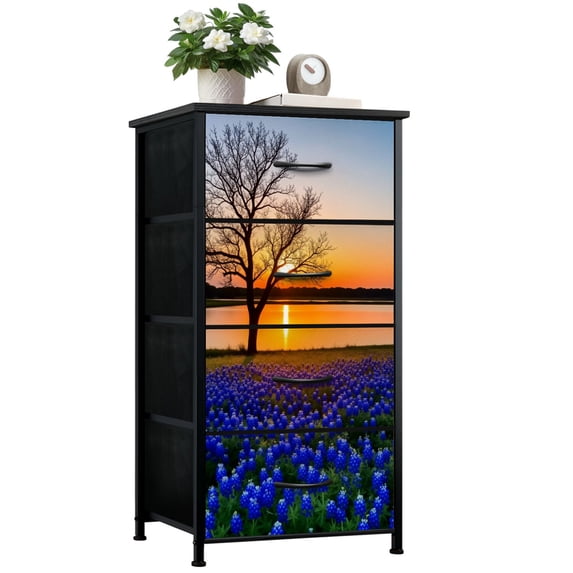 Dresser for Bedroom with 4 Storage Drawers Texas Bluebonnet field blooming spring by lake sunset Dressers Chest of Drawers Steel Framed Fabric Closet Organizers for Dorm Entryway
