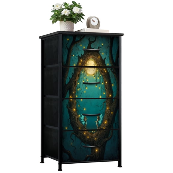 Dresser for Bedroom with 4 Storage Drawers Tree Moonlight Glowing Fireflies Tiny Winged Fairies Dressers Chest of Drawers Steel Framed Fabric Closet Organizers for Dorm Entryway