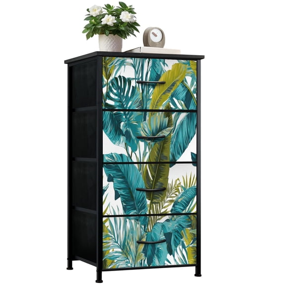 Dresser for Bedroom with 4 Storage Drawers Tropical Banana Palm Leaf Green Teal Dressers Chest of Drawers Steel Framed Fabric Closet Organizers for Entryway