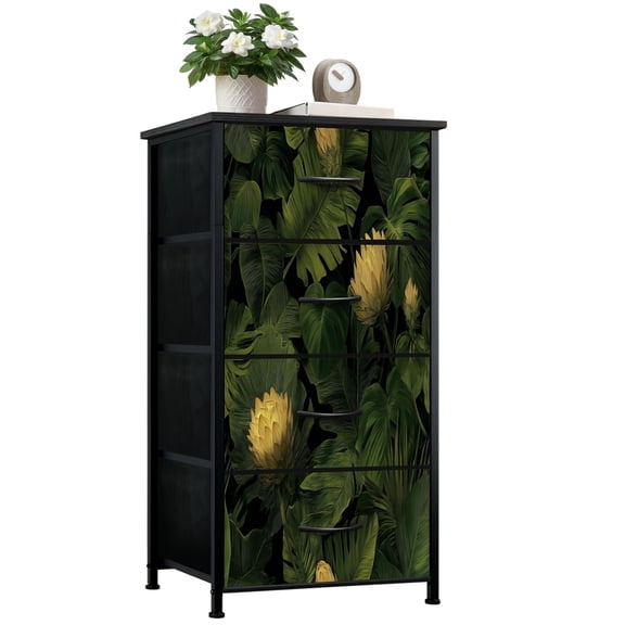Dresser for Bedroom with 4 Storage Drawers Tropical Botanical Art Green Leaves Yellow Flowers Dressers Chest of Drawers Steel Framed Fabric Closet Organizers for Entryway