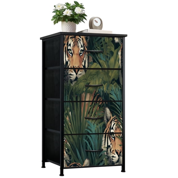 Dresser for Bedroom with 4 Storage Drawers Tropical Tiger Green Leaves Wild Jungle Vibes Dressers Chest of Drawers Steel Framed Fabric Closet Organizers for Entryway