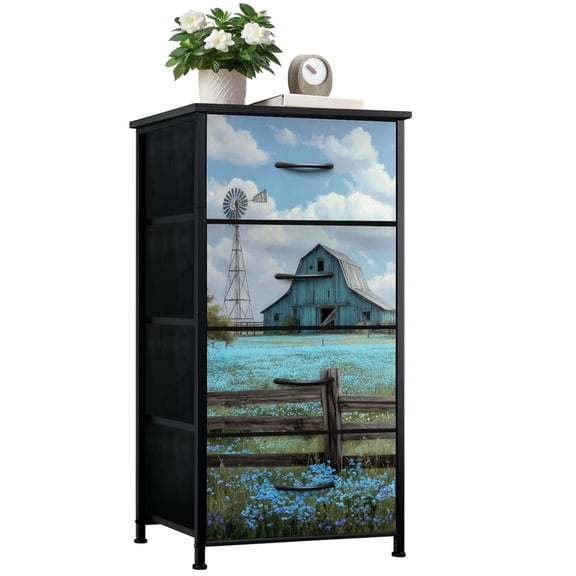 Dresser for Bedroom with 4 Storage Drawers Turquoise Barn Teal Old Barn Flowers Blue Barn Windmill Flower Field Dressers Chest of Drawers Steel Framed Fabric Closet Organizers for Entryway