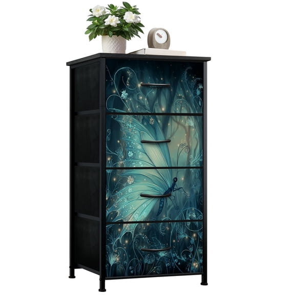 Dresser for Bedroom with 4 Storage Drawers Turquoise Butterfly Fantasy Silver Mist Light Print Dressers Chest of Drawers Steel Framed Fabric Closet Organizers for Entryway