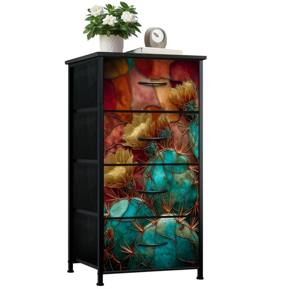 Dresser for Bedroom with 4 Storage Drawers Turquoise Cactus Golden Glow Stained Glass Decoration Dressers Chest of Drawers Steel Framed Fabric Closet Organizers for Entryway