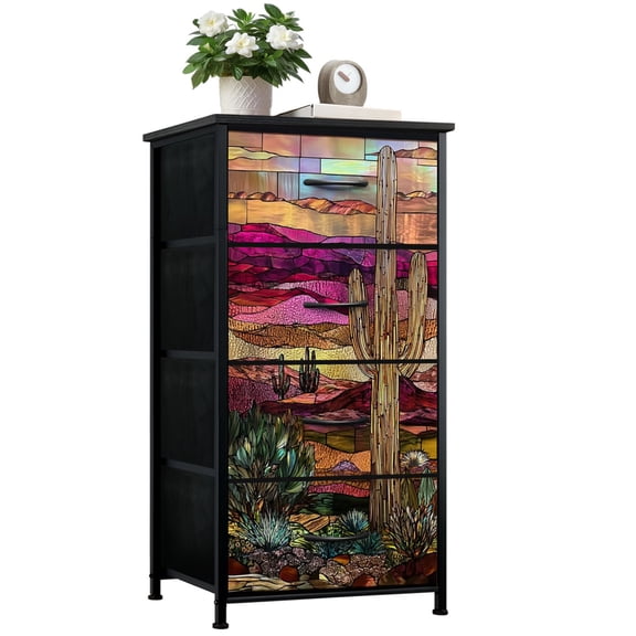 Dresser for Bedroom with 4 Storage Drawers Twilight Desert Hills Stained Glass Central Cactus Dressers Chest of Drawers Steel Framed Fabric Closet Organizers for Entryway