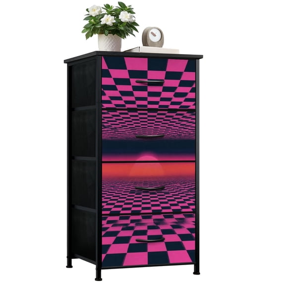 Dresser for Bedroom with 4 Storage Drawers Vaporwave landscape retro sunset sun checked floor 80s 90s style Dressers Chest of Drawers Steel Framed Fabric Closet Organizers for Entryway Dorm