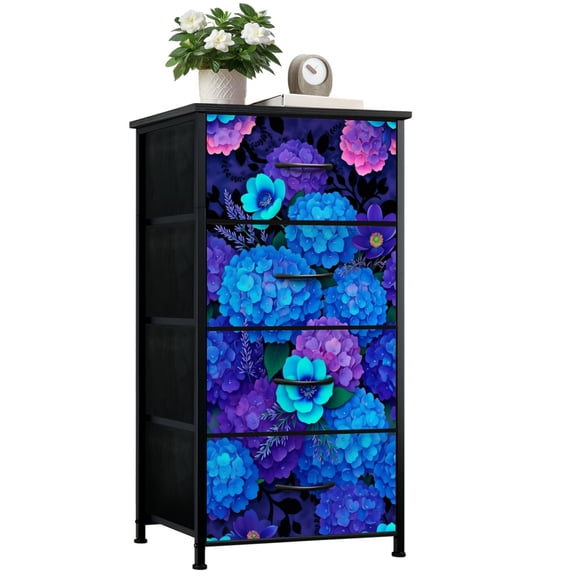 Dresser for Bedroom with 4 Storage Drawers Vibrant Blue Purple Floral Hydrangeas Blossoms Dressers Chest of Drawers Steel Framed Fabric Organizers for Closet Living Room Hallway
