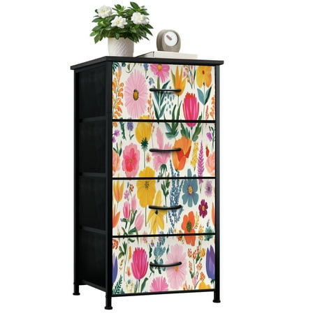 Dresser for Bedroom with 4 Storage Drawers Vibrant Floral Colorful Flowers Leaves Light Dressers Chest of Drawers Steel Framed Fabric Closet Organizers for Entryway