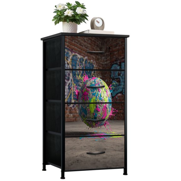 Dresser for Bedroom with 4 Storage Drawers Vibrant Graffiti Soccer Ball Neon Paint Splashes Street Art Dressers Chest of Drawers Steel Framed Fabric Closet Organizers for Bedroom Dorm Playroom