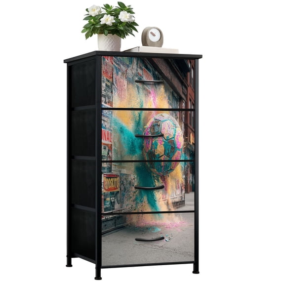 Dresser for Bedroom with 4 Storage Drawers Vibrant Graffiti Style Soccer Ball Burst Neon Paint Fragments Dressers Chest of Drawers Steel Framed Fabric Closet Organizers for Bedroom Dorm Playroom