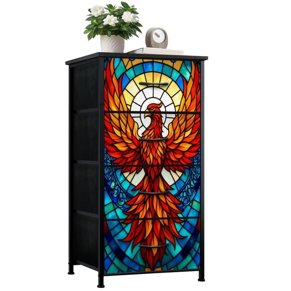 Dresser for Bedroom with 4 Storage Drawers Vibrant Stained Glass Fiery Orange Red Feathers Dressers Chest of Drawers Steel Framed Fabric Closet Organizers for Dorm Entryway End Table