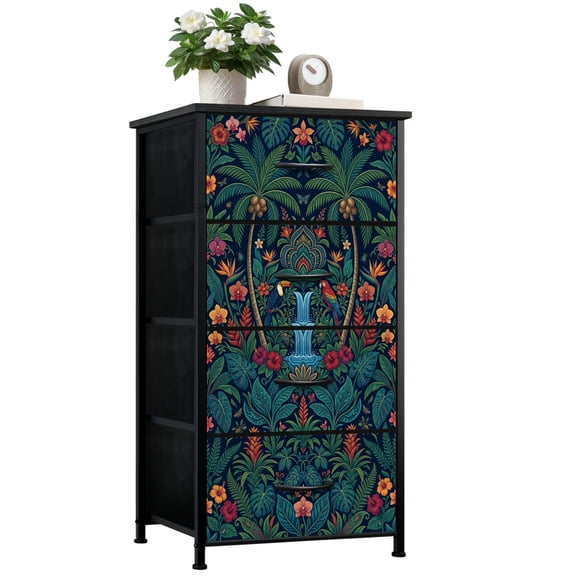 Dresser for Bedroom with 4 Storage Drawers Vibrant Tropical Palm Trees Exotic Flowers Birds Waterfall Dressers Chest of Drawers Steel Framed Fabric Closet Organizers for Dorm Entryway