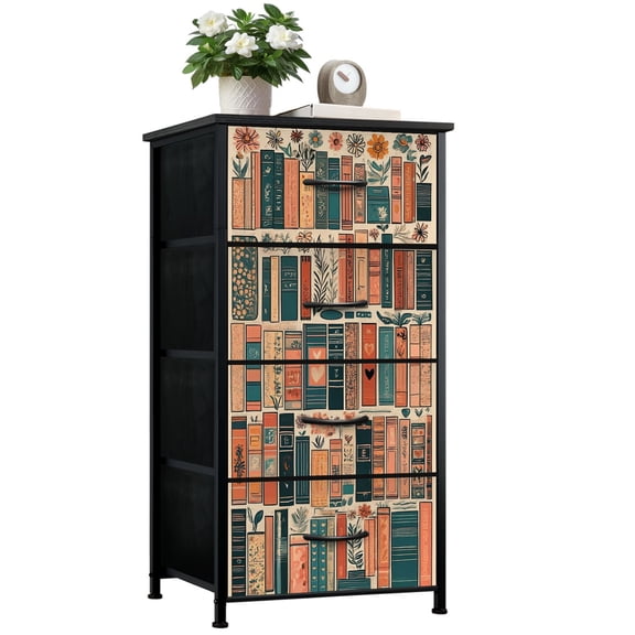 Dresser for Bedroom with 4 Storage Drawers Vintage Bookshelf Book Floral Bookish Library Books Bookshelves Dressers Chest of Drawers Steel Framed Fabric Closet Organizers for Entryway
