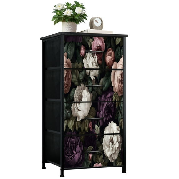 Dresser for Bedroom with 4 Storage Drawers Vintage Floral Rich Purple Pink White Roses Dark Dressers Chest of Drawers Steel Framed Fabric Closet Organizers for Entryway