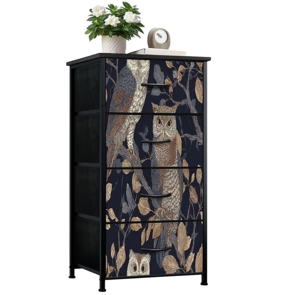 Dresser for Bedroom with 4 Storage Drawers Vintage Owls Tree Branches Leaves Earth Tones Dressers Chest of Drawers Steel Framed Fabric Closet Organizers for Entryway