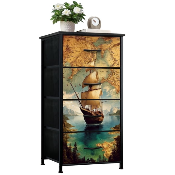 Dresser for Bedroom with 4 Storage Drawers Vintage Sailing Ship Serene Ocean Ancient Map Dressers Chest of Drawers Steel Framed Fabric Closet Organizers for Dorm Entryway