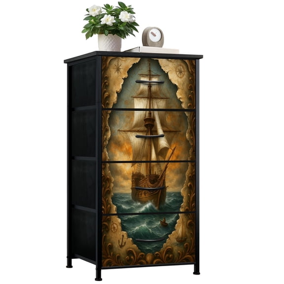 Dresser for Bedroom with 4 Storage Drawers Vintage Sailing Ship Stormy Sea Ornate Nautical Frame Dressers Chest of Drawers Steel Framed Fabric Closet Organizers for Entryway