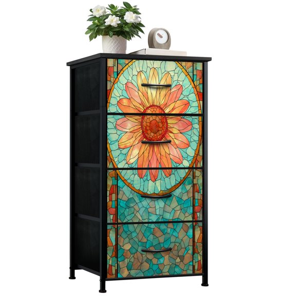 Dresser for Bedroom with 4 Storage Drawers Vivid Sunflower Stained Glass Style Spring Color Mosaic Border Dressers Chest of Drawers Steel Framed Fabric Closet Organizers for Dorm Entryway