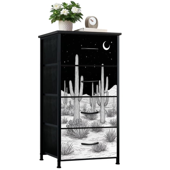 Dresser for Bedroom with 4 Storage Drawers Western Country Cowboy Cowgirl Cactus Midnight Rustic Cacti Desert Dressers Chest of Drawers Steel Framed Fabric Closet Organizers for Entryway